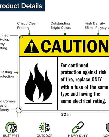 Warning For Continued Protection Against Risk Of Fire Replace Sign, 24x30 Inches, 55 mil thick HDPS (high density polystyrene), Made in USA by My Sign Center