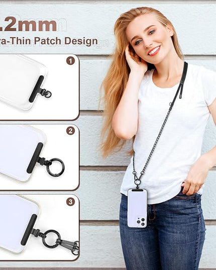 Cell Phone Chain Crossbody Phone Lanyard with 2 Metal Tether Tabs, Adjustable Black Braided Phone Strap and Phone Chain Strap Combination, Cell iPhone Lanyard Crossbody for Women and Men, Black