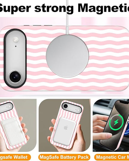 Magnetic for iPhone 17 Air Case Cute Wavy Stripes Phone Case, Shockproof Slim TPU and Hard PC Protective Phone Cover Compatible with MagSafe Designed for Women Girls, Pink