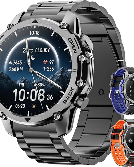 Hwagol Smart Watches for Men (Call/Notification),1.52'' Military Smart Watch, Two Style Kits,Flashlight,100+Sport Modes/Heart Rate/Sleep Monitor/Pedometer (steelblack)