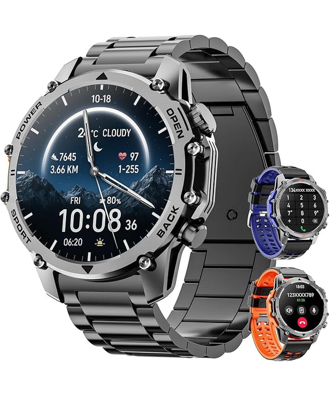 Hwagol Smart Watches for Men (Call/Notification),1.52'' Military Smart Watch, Two Style Kits,Flashlight,100+Sport Modes/Heart Rate/Sleep Monitor/Pedometer (steelblack)
