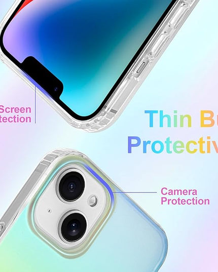Cute Case for iPhone 14 Plus & iPhone 15 Plus Case for Women Girls [Compatible with Magsafe] Aesthetic Girly Glitter Rainbow Magnetic Protective Phone Cover, Translucent Iridescent Blue Pink