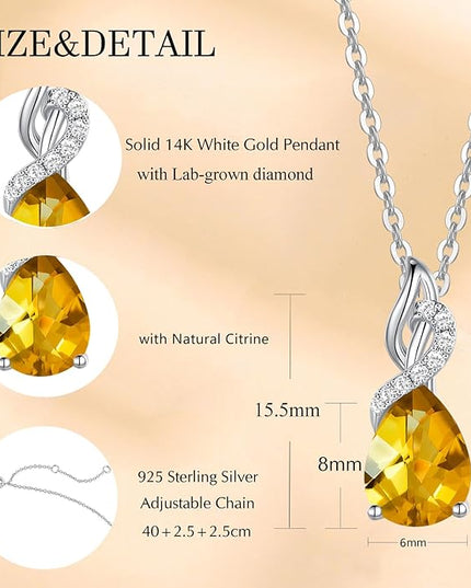 FANCIME 14K Solid White Gold Teardrop Pendant with Diamond Birthstone Necklace