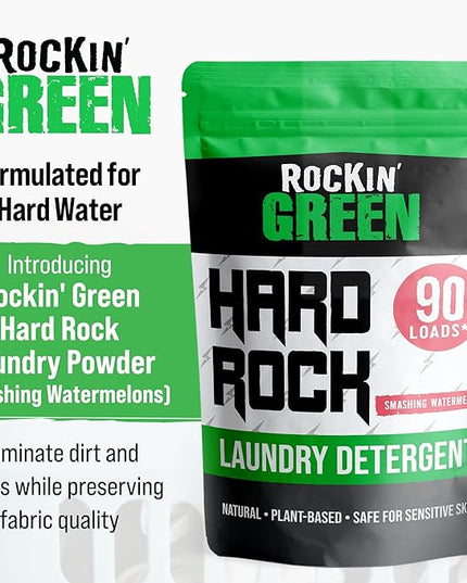 Rockin' Green Hard Rock Laundry Detergent for Hard Water (90 Loads), Plant based, Natural Laundry Detergent Powder, Biodegradable Odor Fighter, Safe for Sensitive Skin, 45 oz (Smashing Watermelons)