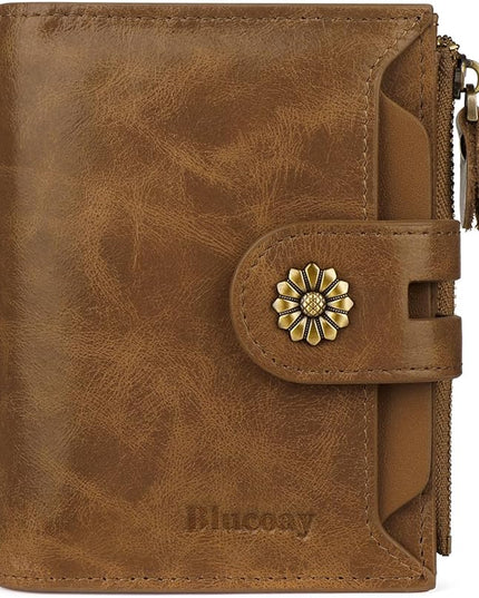 Blucoay Wallet Women,RFID Blocking Womens Wallet,Leather Bifold Compact Small Wallet for Women Card Holder with Zip Coin Pocket(apricotbrown)