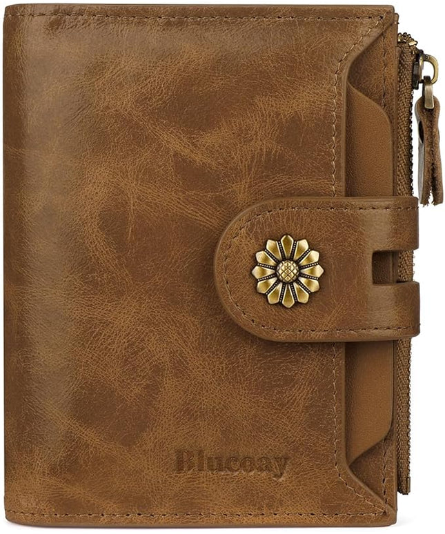 Blucoay Wallet Women,RFID Blocking Womens Wallet,Leather Bifold Compact Small Wallet for Women Card Holder with Zip Coin Pocket(apricotbrown)