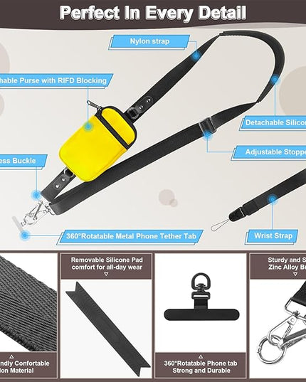 Clip and Go Strap for Phone With Wallet Crossbody (Detachable RFID Blocking Wallet) - Adjustable Phone Lanyard Crossbody with 360° Rotatable Tether Tabs for All Phones (Yellow)