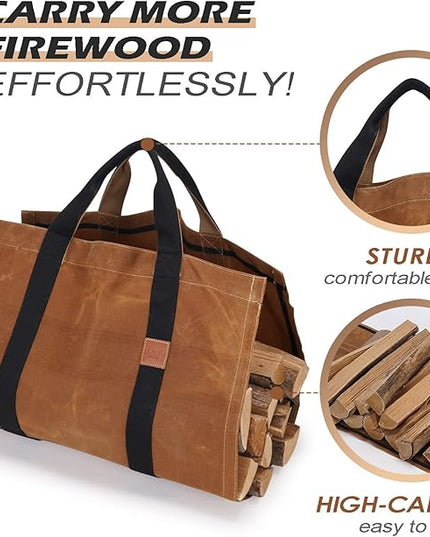 INNO STAGE Firewood Log Carrier Tote Bag with Super Strong Double Straps for Reinforce, 16oz Waxed Canvas Heavy Duty & Long Lasting for Wood Hay Hauling for Fireplace or Outdoor Camping-Rust Color