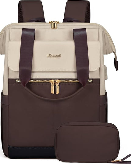 LOVEVOOK Laptop Backpack for Women, 15.6 Inch Work Laptop Bag with USB Port, Fashion Teacher Nurse Backpack Purse, Waterproof Travel Computer Backpack with Organizer Bag, 2PCS, Apricot-Coffee