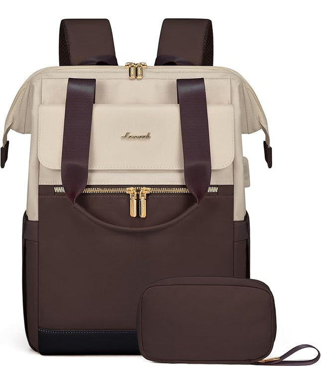 LOVEVOOK Laptop Backpack for Women, 15.6 Inch Work Laptop Bag with USB Port, Fashion Teacher Nurse Backpack Purse, Waterproof Travel Computer Backpack with Organizer Bag, 2PCS, Apricot-Coffee