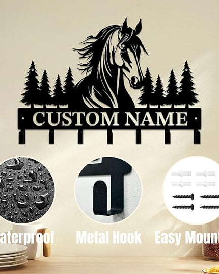 Personalized Custom Name Farm Horse Wall Key Hooks,Metal Horse Art Clothes Hooks,Metal Horse Wall Home Storage Decorative,For Front Door, Hallway, Kitchen, Bedroom,Keys,Hats (Style B)