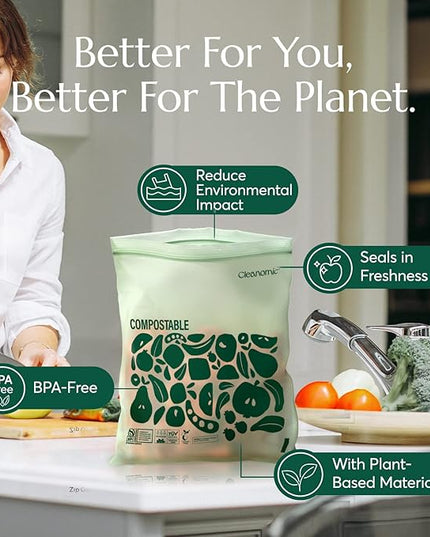 Cleanomic Compostable* Gallon Size Food Storage Bags (25 Eco Zip) Freezer and Leak Proof, Also Available Quart, Snack and Sandwich Bags