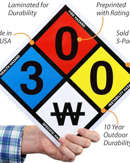 SmartSign NFPA 704 - Ratings (3,0,0) Label | 13.8" Tall (Tip-to-Tip) Diamond Laminated Vinyl, Pack of 5,Black/Blue/Red/Yellow on White,NFPA-0007-NFR-EU-10x10-D5