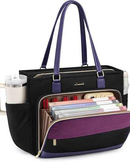 LOVEVOOK Teacher Tote Bag, Laptop Bag for Women with Large Cup Holder & Accordion File Area, Work Tote Bag for Business