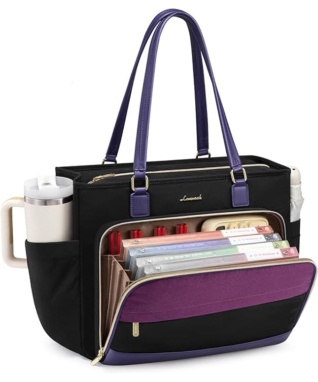 LOVEVOOK Teacher Tote Bag, Laptop Bag for Women with Large Cup Holder & Accordion File Area, Work Tote Bag for Business