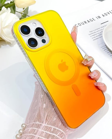 Aesthetic Case for iPhone 16 Pro Max Case for Women Girls, Compatible with Magsafe, Cute Girly Trendy Glitter Sparkly Rainbow Magnetic Protective Phone Cover, Matte Iridescent Yellow & Orange