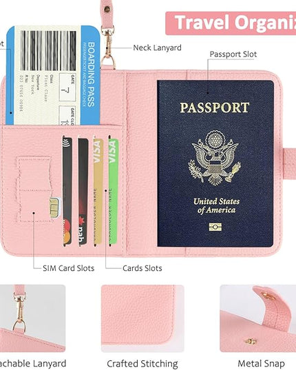 Passport Holder RFID Protected Wallet and Luggage Tag with Protection Cover Travel Accessories Leather Card Case Organizer for Women Men (Pink)