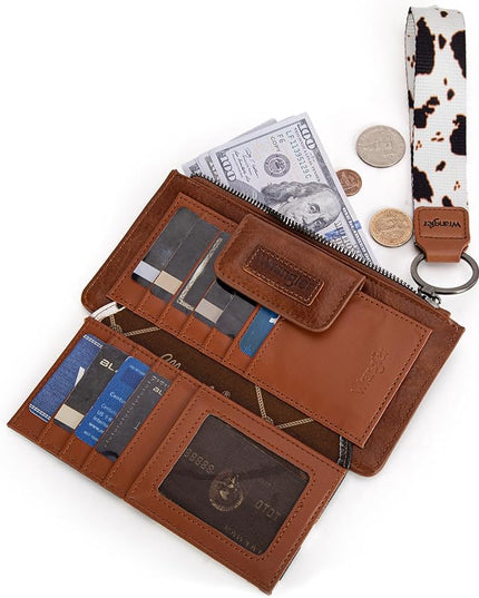Montana West X Wrangler Cow Print Wallet for Women Ladies Female Card Cases & Money Organizers Wristlet with Wallet Large Clutch with Coin Purse Smooth Zipper and Rfid Lining