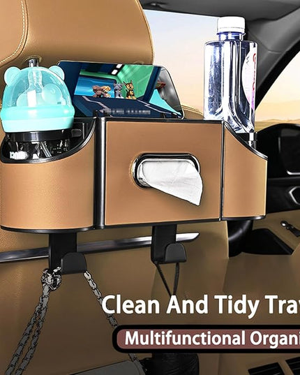 Back Seat Car Organizer,4 in 1 Multifunctional Car Back Seat Storage Box with Drink Cup Holder Tissue Box, for Hold Phone,Snacks, Drinks, Handbag-Light Brown