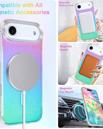 Glitter Case for iPhone Air Case for Women Girls [ Compatible with Magsafe ] Clear Cute Girly Aesthetic Gradient Rainbow Sparkly Bling Magnetic Phone Cover, Iridescent Colors