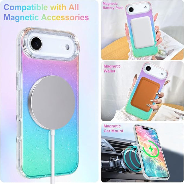 Glitter Case for iPhone Air Case for Women Girls [ Compatible with Magsafe ] Clear Cute Girly Aesthetic Gradient Rainbow Sparkly Bling Magnetic Phone Cover, Iridescent Colors