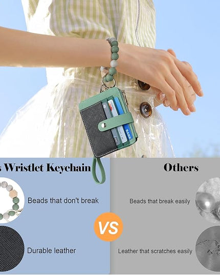 Keychain Wallet with Bracelet RFID Blocking Wristlet Credit Purse Card Holder, Silicone Bead Tassel Key Ring for Women