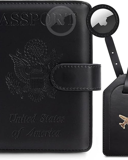 Passport Holder for Travel Family with Slot for Tracker Device & Luggage Tag Cover, – RFID Blocking Passport Wallet for Women & Men | PU Leather Passport Cover Case with Money Pocket – Black