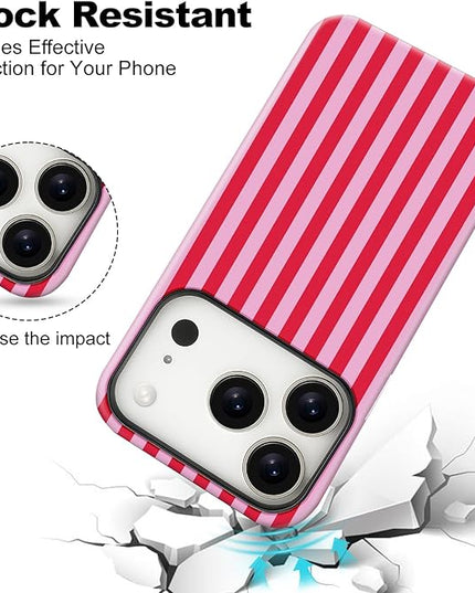 Magnetic for iPhone 17 Pro Max Case Cute Stripes Phone Case, Shockproof Slim TPU and Hard PC Protective Phone Cover Compatible with MagSafe Designed for Women Girls, Pink and White