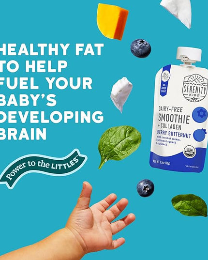 Serenity Kids 6+ Months Smoothie Baby Food Pouch - Berry Butternut, 3.5 Fl Oz, 6 Pack - Grass Fed Collagen Protein - Dairy Free Smoothie Pouch & No Added Sweeteners