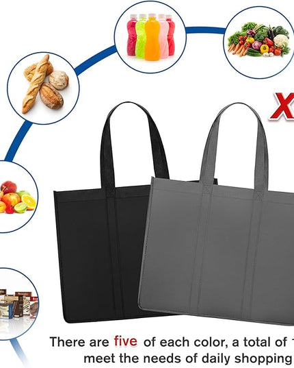 WISELIFE Reusable Grocery Shopping Bags 10 Pack Large Foldable Tote Bags Bulk, Long Handle for Shopping Groceries Clothes (Dark Grey & Black)