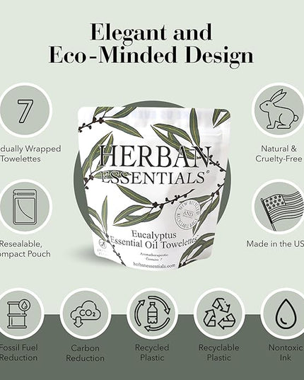 Herban Essentials - Eucalyptus Wipes & Towelettes - Essential Oil Wipes for Hands & Body - Travel Size Essentials and Toiletries - Natural, Individually Wrapped, Disposable & Moist Refresh (7 count)