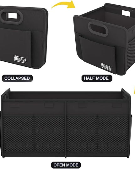 Homeve Trunk Organizer, Car Storage, Reinforced Handles, Collapsible Multi-Compartment, Foldable, Waterproof, Sturdy, 600D Oxford Polyester For Car, SUV, Mini-Van, Black, 2 Compart-Small
