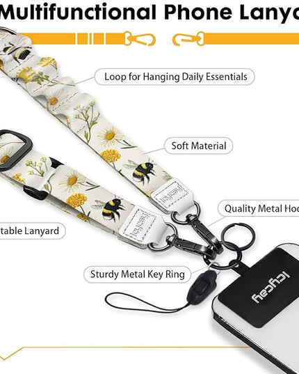 Phone Lanyard Crossbody, Floral Bee Cell Phone Strap for Around The Neck Adjustable, Flower Teacher Anti Theft Cute Lanyard for iPhone Case ID Holder Keys Accessories Travel Essential