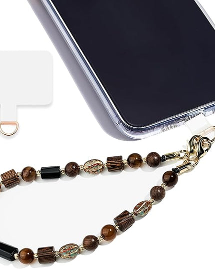 Marble Beaded Phone Wrist Strap,Detachable Phone Bracelet Strap with Tether Tab,Hands-Free Wristlet Strap (Brown)