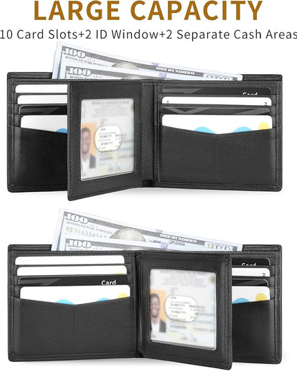 LATKWO Mens Wallet - Genuine Leather Bifold RFID Blocking Slim Front Pocket Large Capacity with 10 Card Slots, 2 ID Windows & 2 Cash Pockets - Heavy Duty Stitched Gift for Men (Black)