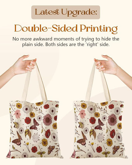 Aesthetic Tote Bag for Girls - with Magnetic Buckle and Zipper Inner Pocket for Women Lady Canvas Cotton Tote Bag