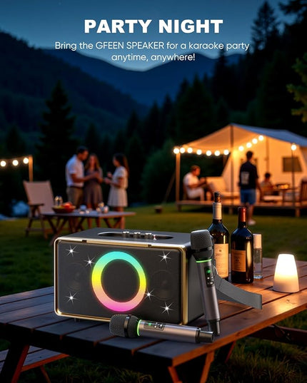 GFEEN Party Bluetooth Speaker: 100W Peak Loud! Deep Bass, 15H Playtime, Large Wireless Speakers, Powerful Sound, Light Show, Fast Charging for Outdoor, Backyard, House(Gold with 2Mic)
