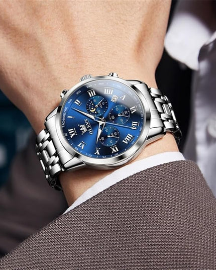 OLEVS Mens Watch Luxury Big Face Stainless Steel Analog Quartz Multifunctional Waterproof Luminous Date Two Tone Fashion Dress Wrist Watches for Man
