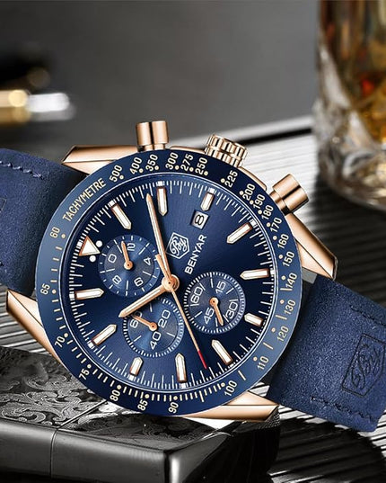 BY BENYAR Watch for Men Analog Quartz Chronograph Waterproof Luminous Designer Mens Wrist Watches Business Work Sport Casual Dress Watch with Silicone Strap Elegant Gifts for Men