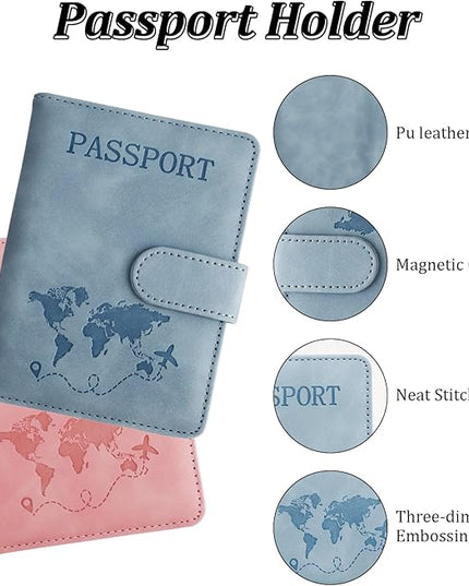 JIABEIUS 3pcs Passport Holder with Luggage Tags, Pu Leather Travel Passport Cover, Waterproof Travel Wallet with RFID Blocker for Credit Cards, Cash, Boarding Passes Women Men
