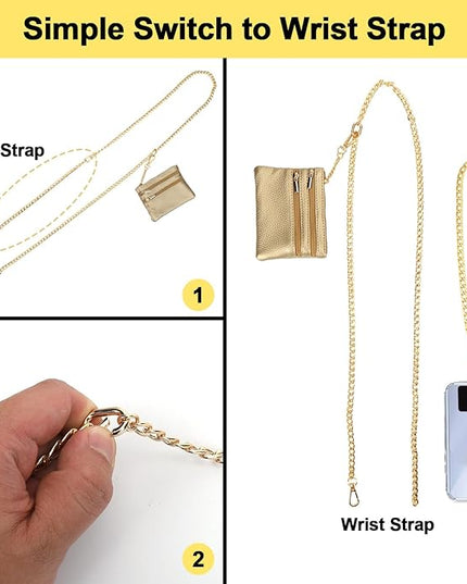XANGNIER Clip and Go Strap for Phone with Wallet Crossbody, Phone Strap with Zippered Wallet, Adjustable Anti Theft Cellphone Lanyard for Women, Cellphone Chain Accessories,Chain Gold
