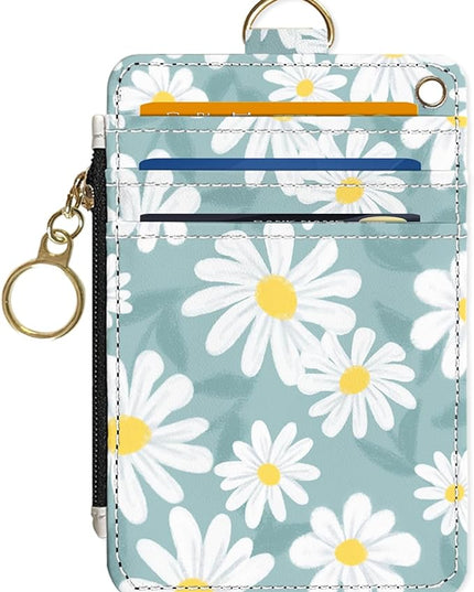 Slim Wallet Credit Card Holder, White Daisy L, RFID Wallet Women Cute Small Front Pocket Wallet With Zipper, PU Leather Thin travel RFID Blocking Card Case ID Window,Ladies Gifts