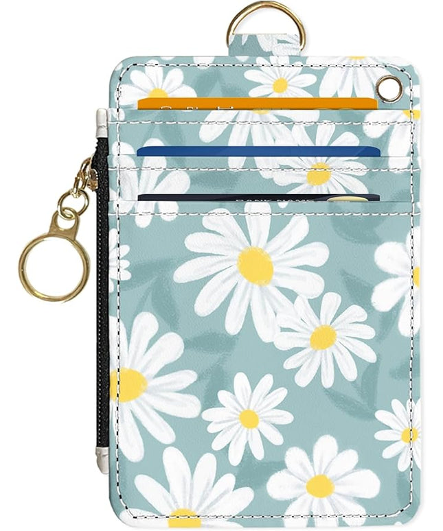 Slim Wallet Credit Card Holder, White Daisy L, RFID Wallet Women Cute Small Front Pocket Wallet With Zipper, PU Leather Thin travel RFID Blocking Card Case ID Window,Ladies Gifts