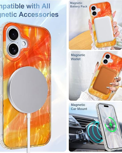 Cute Case for iPhone 17 Case for Women Girls [Compatible with Magsafe] with Translucent Pearl Pattern Design, Aesthetic Girly Magnetic Protective Phone Cover, Orange