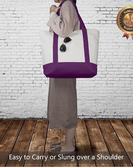 TOPDesign 6-Pack Canvas Tote Bags with an External Pocket, Reusable Grocery Shopping Bags, Top Zipper Closure, Daily Essentials (Purple/Natural)