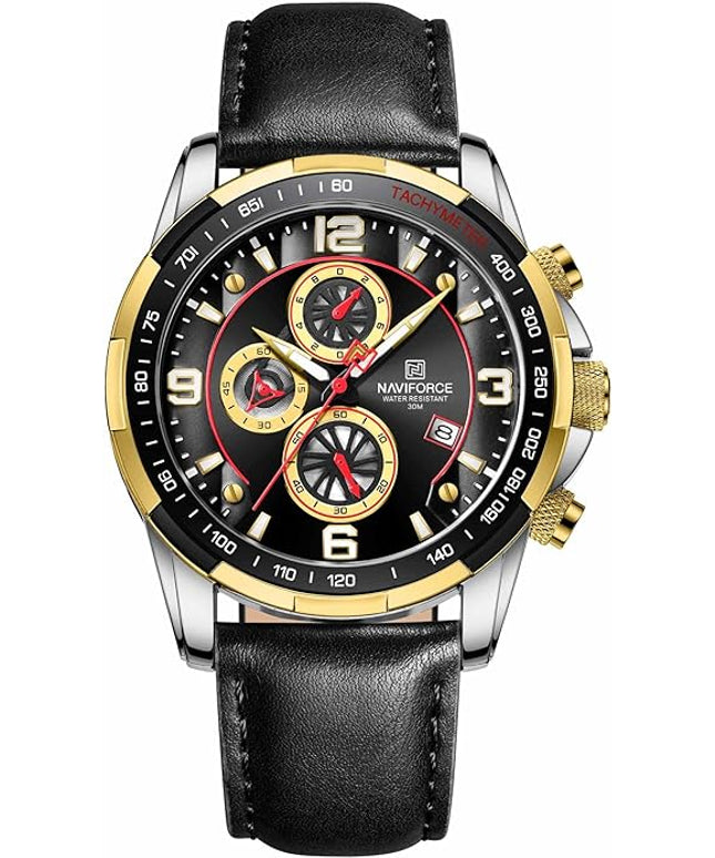 NAVIFORCE Sport Watches for Men Analog Quartz Chronograph Leather Strap Wrist Watch