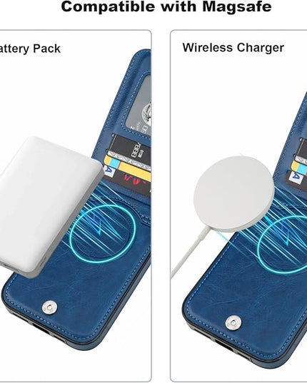 KIHUWEY for iPhone 13 Pro Max Case Wallet Compatible with MagSafe Wireless Charging, Credit Card Holder, RFID Flip Leather Magnetic Clasp Kickstand Heavy Duty Protective Cover 6.7 Inch (Blue)