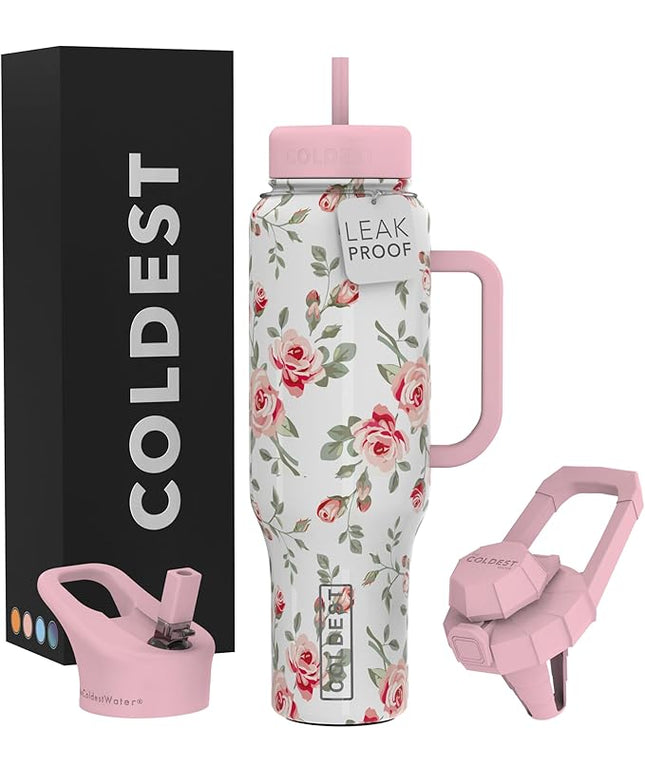 Coldest Tumbler with Handle and Straw - 100% Leak Proof Insulated Tumbler with Lid and Straw (3 Lids) - Stainless Steel Tumblers for Women & Men - Cup Holder Friendly Base, 46 oz (Pink Petals)