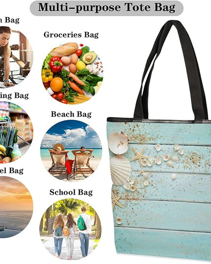 Pardick Blue Wooden Seashell Canvas Tote Bag, Womens Shoulder Bag Handbag with Zipper Book Tote Reusable Grocery Shopping Bags Beach Bag
