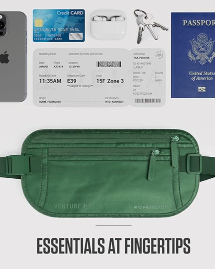 VENTURE 4TH Money Belt for Travel – Hidden Under-Clothes RFID Blocking Passport Holder & Slim Travel Wallet Pouch for Men & Women to Protect Cash, Cards & Documents (Sleek Army Green)